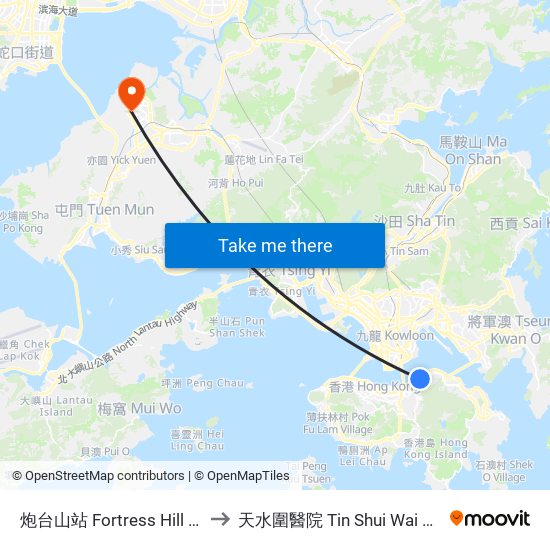 炮台山站 Fortress Hill Station to 天水圍醫院 Tin Shui Wai Hospital map