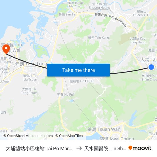 大埔墟站小巴總站 Tai Po Market Station Plb Terminus to 天水圍醫院 Tin Shui Wai Hospital map