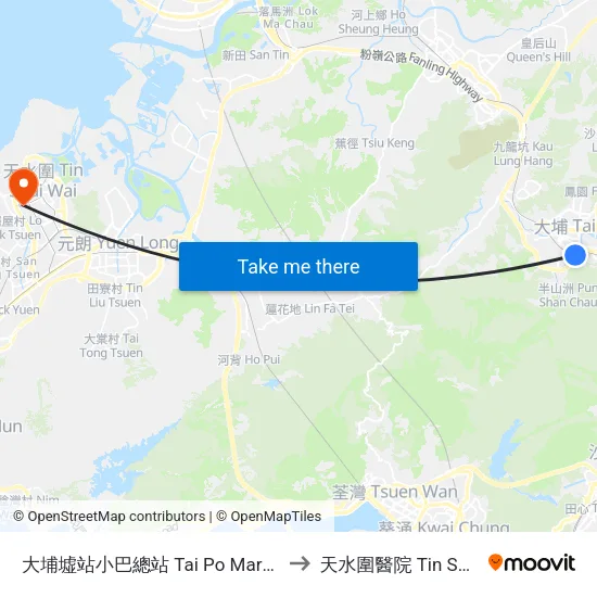 大埔墟站小巴總站 Tai Po Market Station Plb Terminus to 天水圍醫院 Tin Shui Wai Hospital map