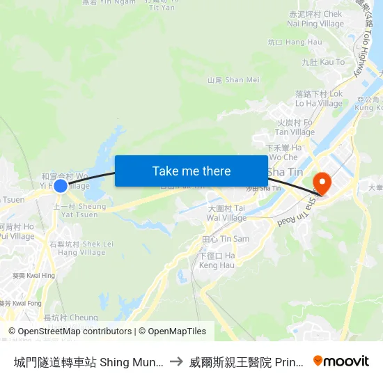 城門隧道轉車站 Shing Mun Tunnels Bus Interchange to 威爾斯親王醫院 Prince Of Wales Hospital map