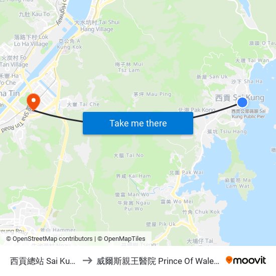 西貢總站 Sai Kung B/T to 威爾斯親王醫院 Prince Of Wales Hospital map