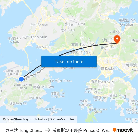 東涌站 Tung Chung Station to 威爾斯親王醫院 Prince Of Wales Hospital map