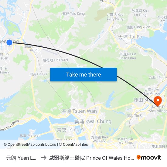 元朗 Yuen Long to 威爾斯親王醫院 Prince Of Wales Hospital map