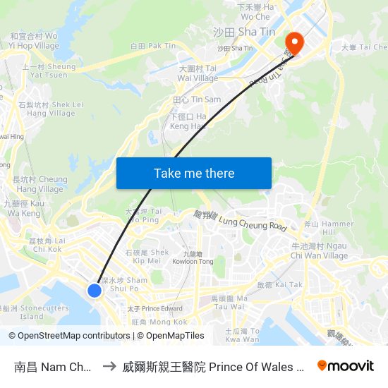 南昌 Nam Cheong to 威爾斯親王醫院 Prince Of Wales Hospital map