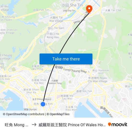 旺角 Mong Kok to 威爾斯親王醫院 Prince Of Wales Hospital map