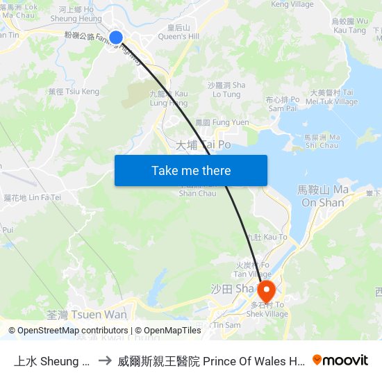 上水 Sheung Shui to 威爾斯親王醫院 Prince Of Wales Hospital map