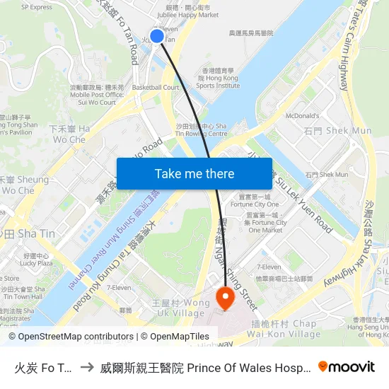 火炭 Fo Tan to 威爾斯親王醫院 Prince Of Wales Hospital map