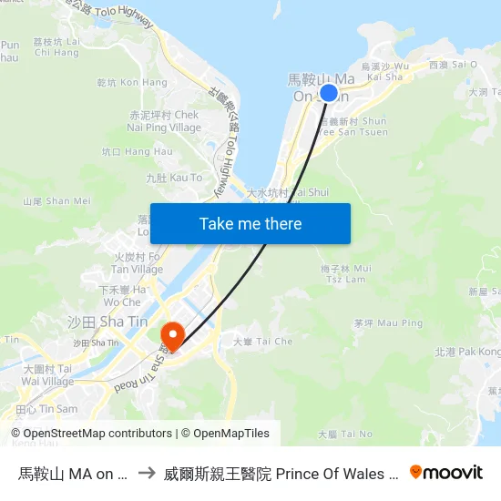 馬鞍山 MA on Shan to 威爾斯親王醫院 Prince Of Wales Hospital map