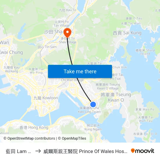 藍田 Lam Tin to 威爾斯親王醫院 Prince Of Wales Hospital map