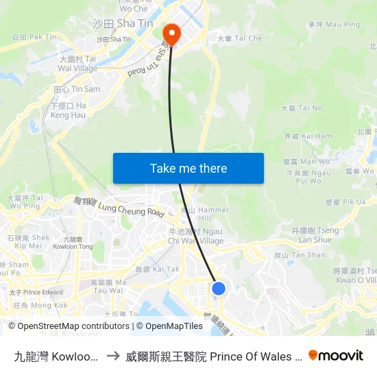 九龍灣 Kowloon Bay to 威爾斯親王醫院 Prince Of Wales Hospital map