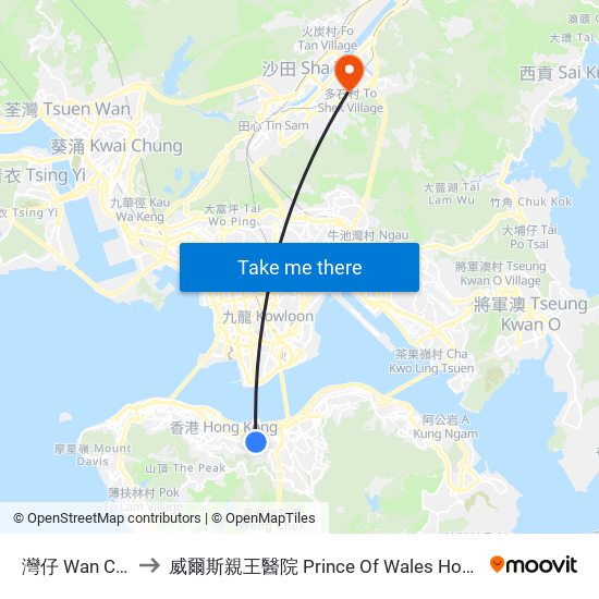灣仔 Wan Chai to 威爾斯親王醫院 Prince Of Wales Hospital map