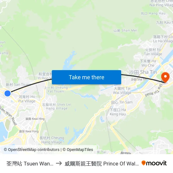 荃灣站 Tsuen Wan Station to 威爾斯親王醫院 Prince Of Wales Hospital map