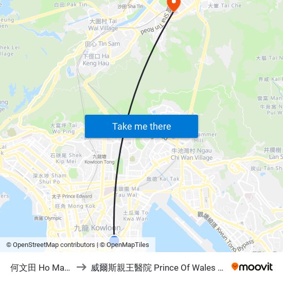 何文田 Ho Man Tin to 威爾斯親王醫院 Prince Of Wales Hospital map