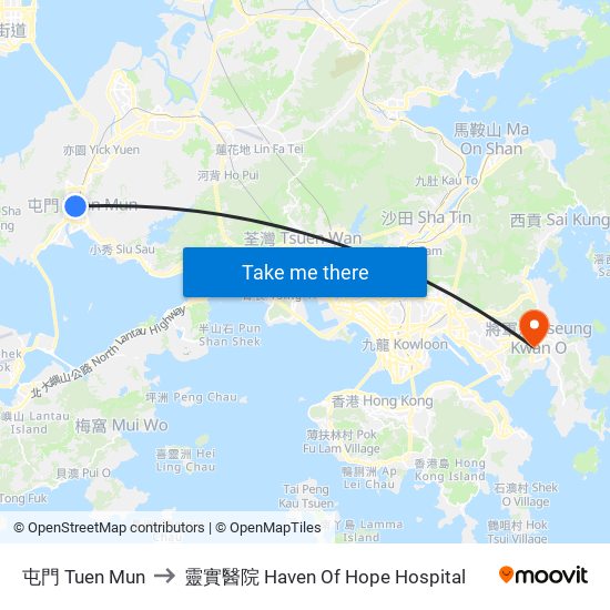 屯門 Tuen Mun to 靈實醫院 Haven Of Hope Hospital map