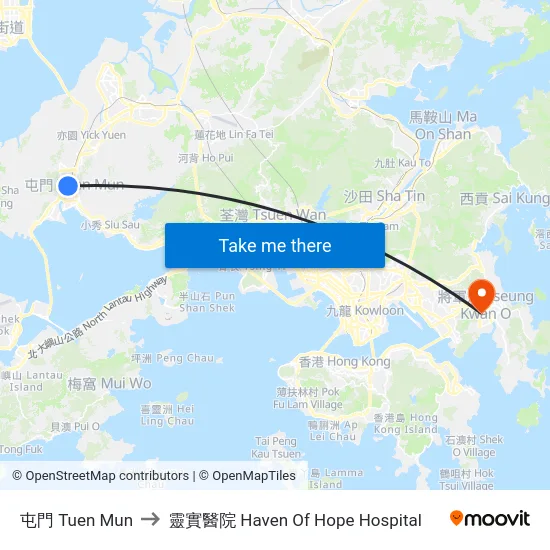 屯門 Tuen Mun to 靈實醫院 Haven Of Hope Hospital map