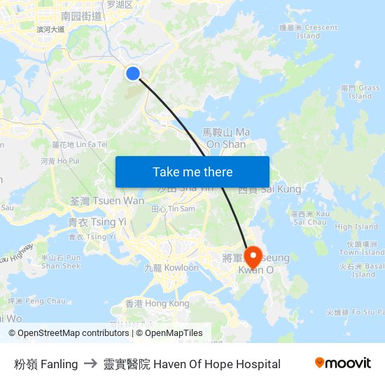 粉嶺 Fanling to 靈實醫院 Haven Of Hope Hospital map