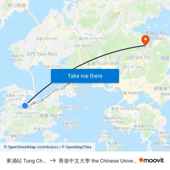 東涌站 Tung Chung Station to 香港中文大學 the Chinese University Of Hong Kong map