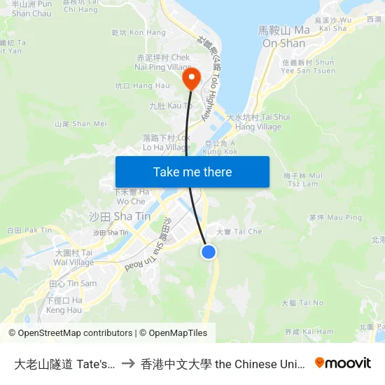 大老山隧道 Tate's Cairn Tunnel to 香港中文大學 the Chinese University Of Hong Kong map