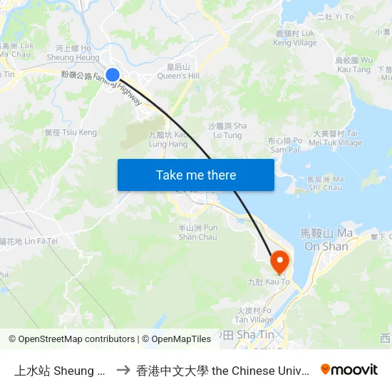 上水站 Sheung Shui Station to 香港中文大學 the Chinese University Of Hong Kong map