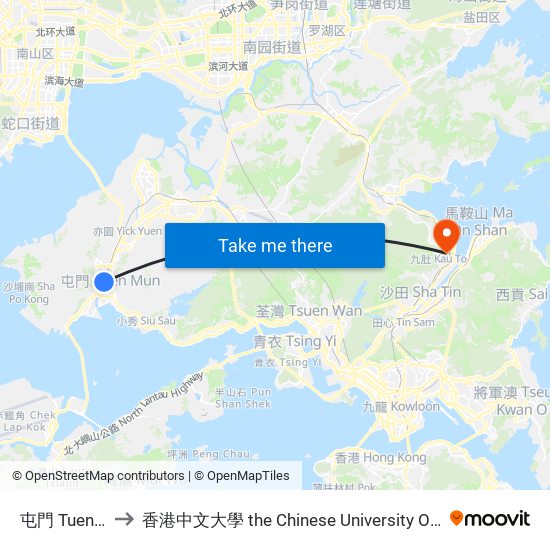 屯門 Tuen Mun to 香港中文大學 the Chinese University Of Hong Kong map