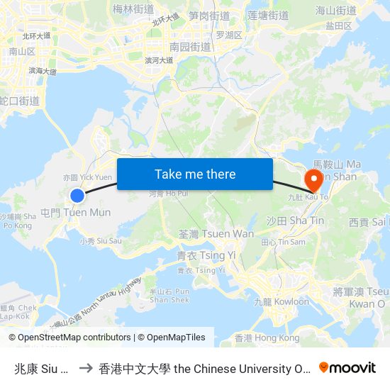 兆康 Siu Hong to 香港中文大學 the Chinese University Of Hong Kong map