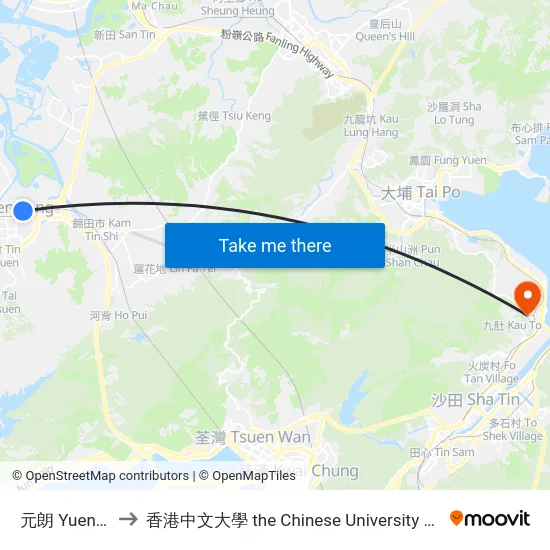 元朗 Yuen Long to 香港中文大學 the Chinese University Of Hong Kong map