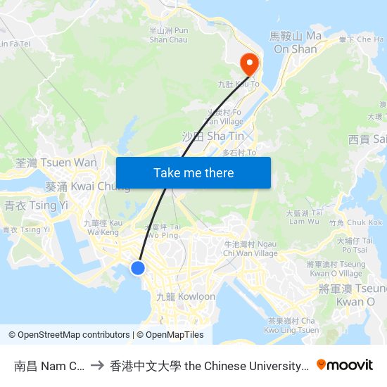 南昌 Nam Cheong to 香港中文大學 the Chinese University Of Hong Kong map