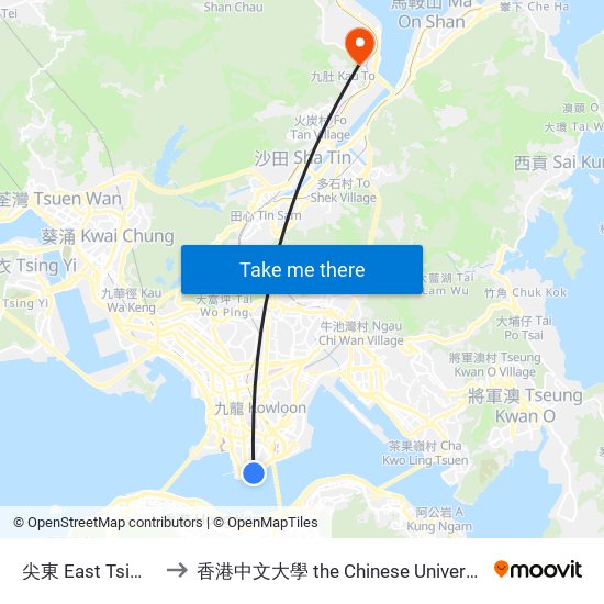 尖東 East Tsim Sha Tsui to 香港中文大學 the Chinese University Of Hong Kong map