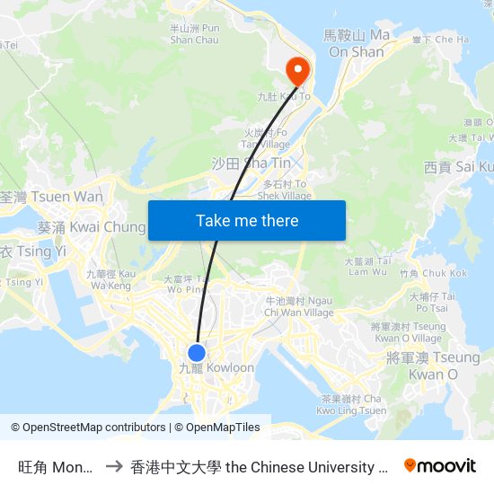 旺角 Mong Kok to 香港中文大學 the Chinese University Of Hong Kong map