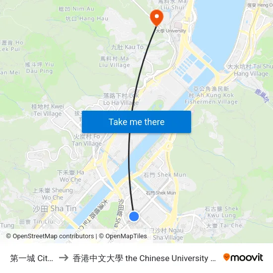 第一城 City One to 香港中文大學 the Chinese University Of Hong Kong map