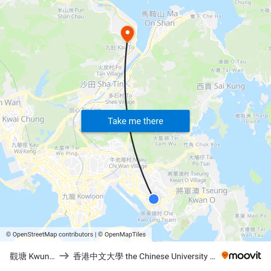 觀塘 Kwun Tong to 香港中文大學 the Chinese University Of Hong Kong map