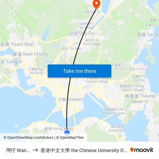 灣仔 Wan Chai to 香港中文大學 the Chinese University Of Hong Kong map