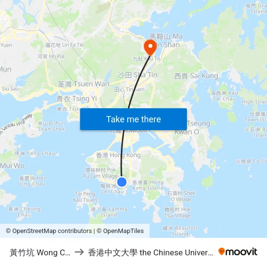 黃竹坑 Wong Chuk Hang to 香港中文大學 the Chinese University Of Hong Kong map