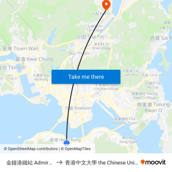 金鐘港鐵站 Admiralty Mtr Station to 香港中文大學 the Chinese University Of Hong Kong map