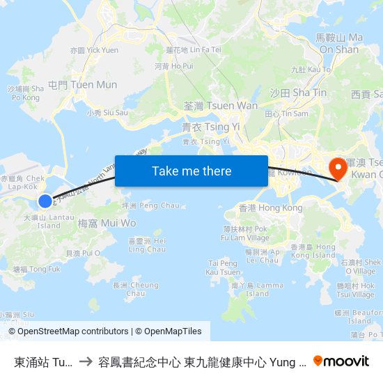 東涌站 Tung Chung Station to 容鳳書紀念中心 東九龍健康中心 Yung Fung Shee Memorial Centre East Kowloon Health Centre map
