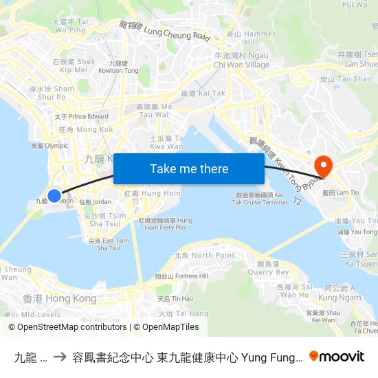 九龍 Kowloon to 容鳳書紀念中心 東九龍健康中心 Yung Fung Shee Memorial Centre East Kowloon Health Centre map