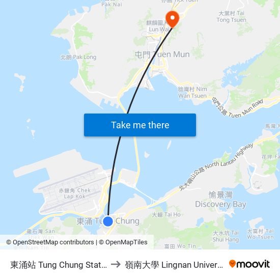 東涌站 Tung Chung Station to 嶺南大學 Lingnan University map