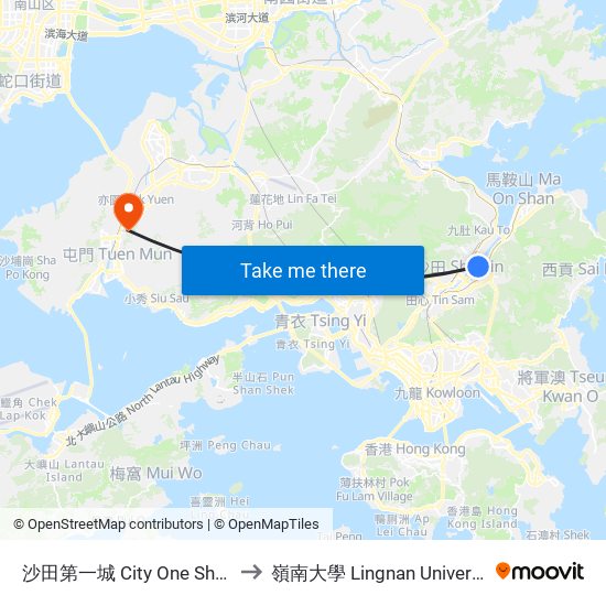 沙田第一城 City One Shatin to 嶺南大學 Lingnan University map