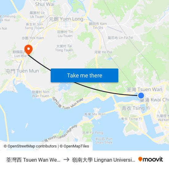 荃灣西 Tsuen Wan West to 嶺南大學 Lingnan University map