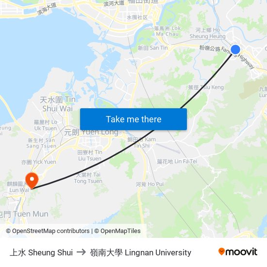 上水 Sheung Shui to 嶺南大學 Lingnan University map