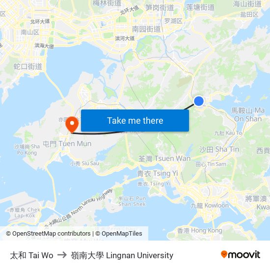 太和 Tai Wo to 嶺南大學 Lingnan University map