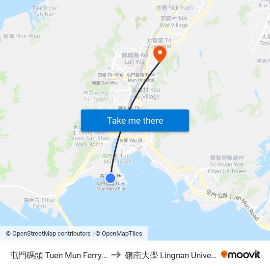 屯門碼頭 Tuen Mun Ferry Pier to 嶺南大學 Lingnan University map