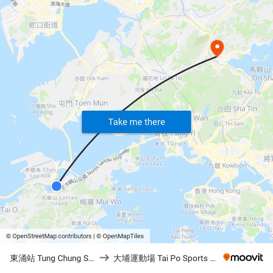 東涌站 Tung Chung Station to 大埔運動場 Tai Po Sports Ground map