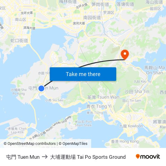 屯門 Tuen Mun to 大埔運動場 Tai Po Sports Ground map