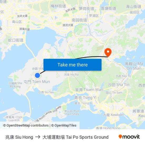 兆康 Siu Hong to 大埔運動場 Tai Po Sports Ground map