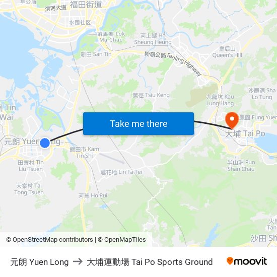 元朗 Yuen Long to 大埔運動場 Tai Po Sports Ground map
