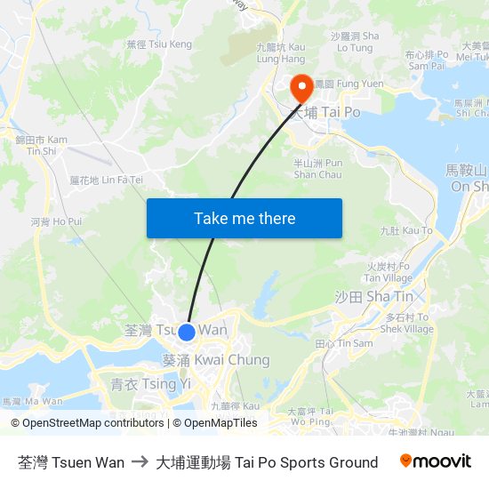 荃灣 Tsuen Wan to 大埔運動場 Tai Po Sports Ground map