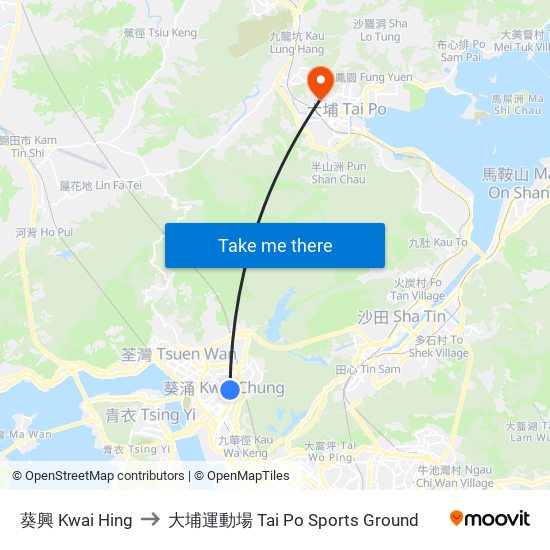 葵興 Kwai Hing to 大埔運動場 Tai Po Sports Ground map