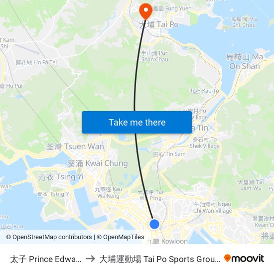 太子 Prince Edward to 大埔運動場 Tai Po Sports Ground map