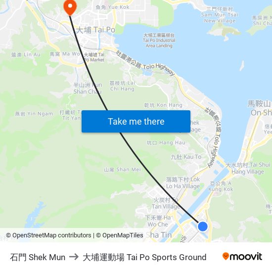 石門 Shek Mun to 大埔運動場 Tai Po Sports Ground map